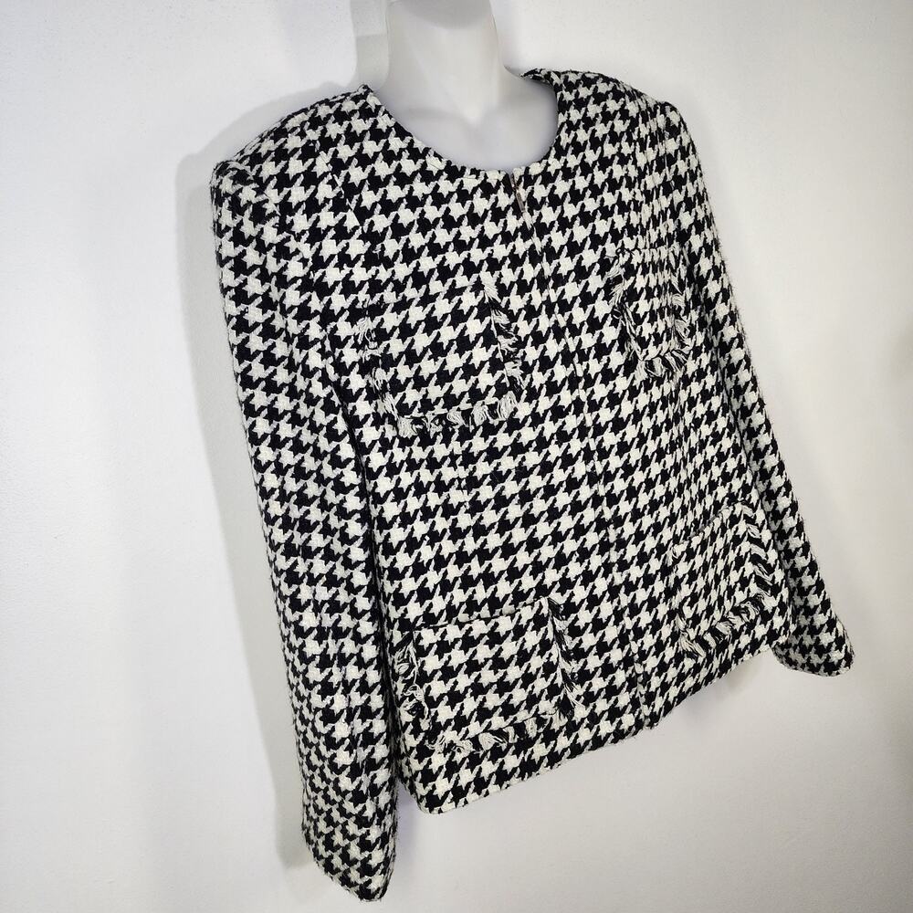 Andrea Viccaro Jacket Womens Size 14 Houndstooth Moto Zip Black White Fringe - Picture 4 of 11